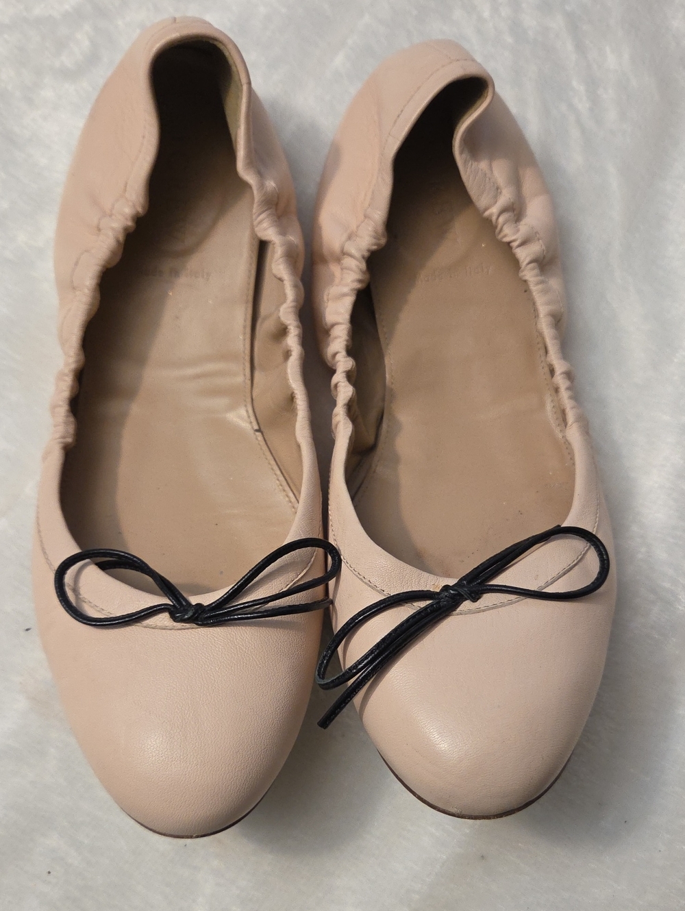 J. Crew Nude Ballet Flats with Black Bow Trim